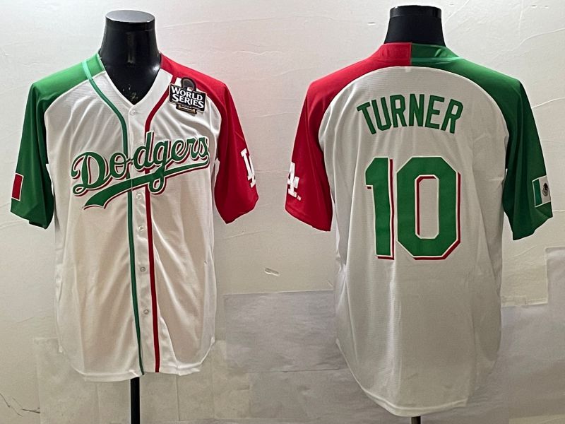 Men Los Angeles Dodgers 10 Turner White Green Game 2025 Nike MLB Jersey style 3